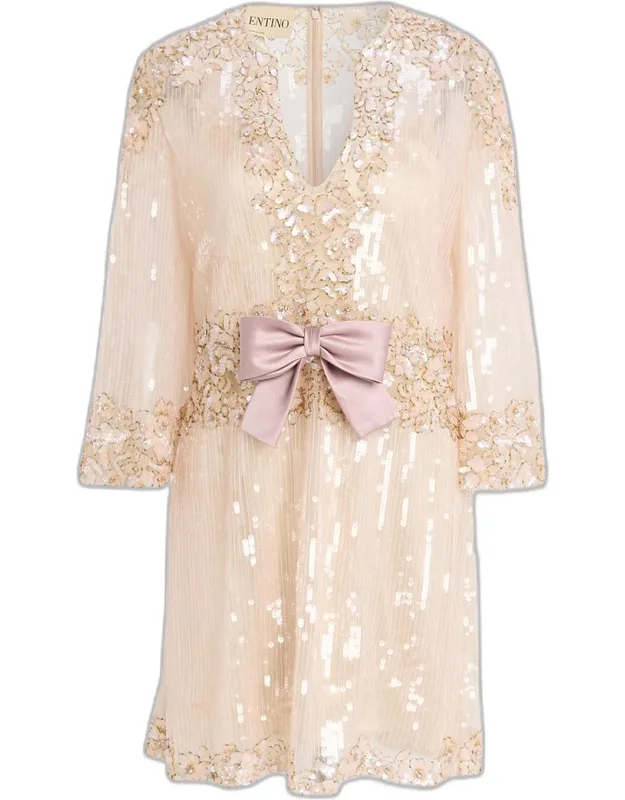 Bow-front Long-sleeve Sequined Tulle Mini Dress