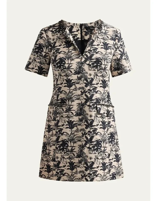 Embellished Palm Jacquard Mini Shift Dress