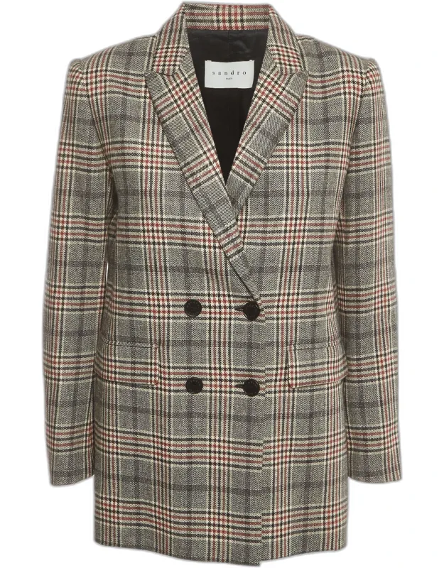 Plaid Wool Blend Double Breasted Blazer