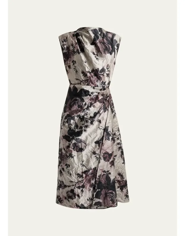 Draped Floral Satin Midi Dress