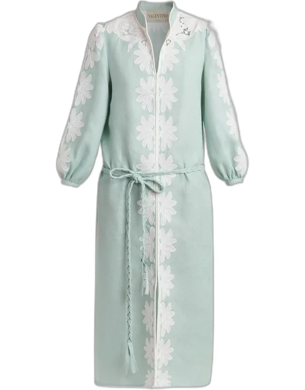 Floral Embroidered Linen Belted Midi Dress