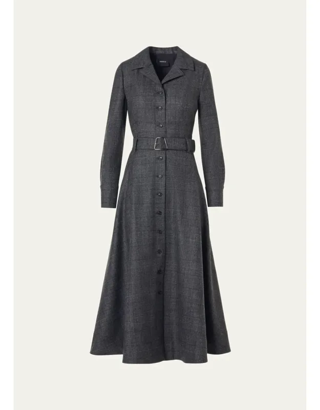 Wool Stretch Flannel Belted Midi Shirtdress