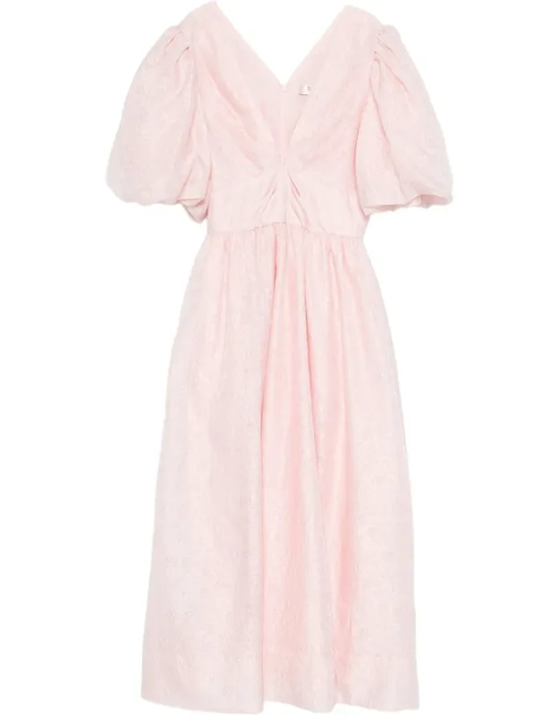 Puff-sleeve V-neck Midi Dress
