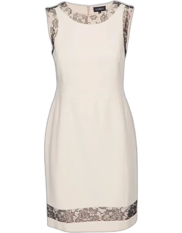 Nude Pink Crepe Lace Trim Sleeveless Shift Dress