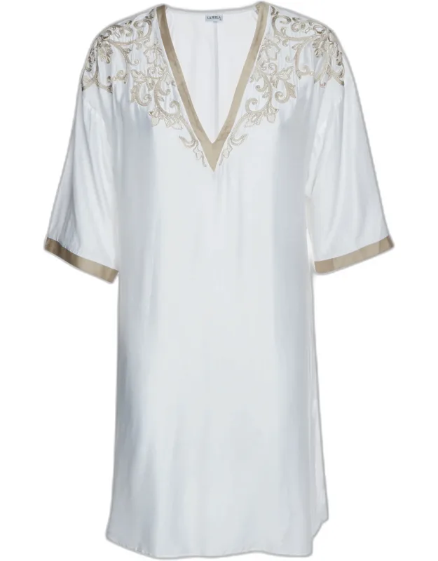Embroidered Silk Blend V-neck Tunic Dress