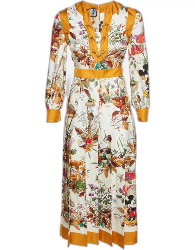 Floral Print Silk Pleated Midi Dress
