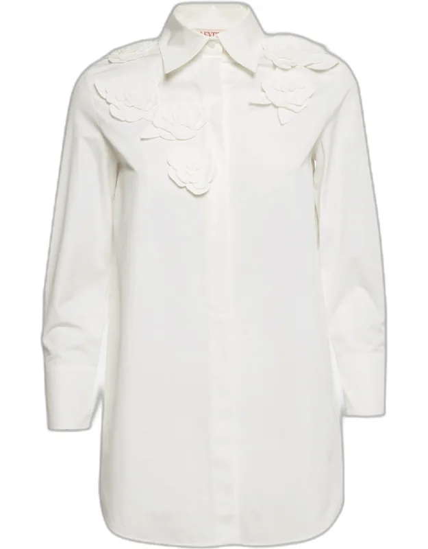 3d Floral Applique Poplin Button Up Shirt