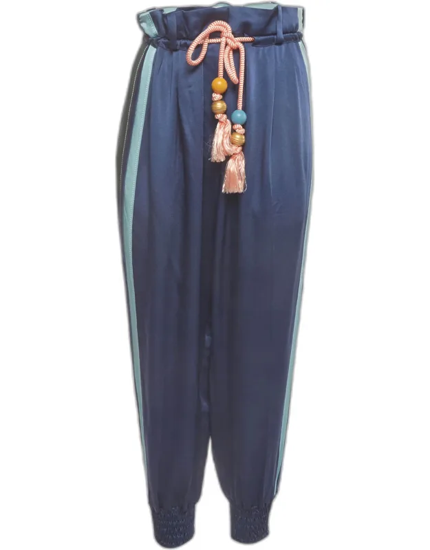 Striped Satin Tassel Belted Trousers