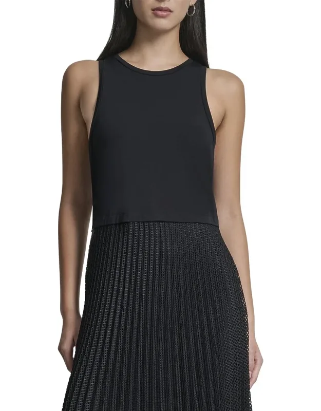 Mix Media Pleated Windowpane Dress