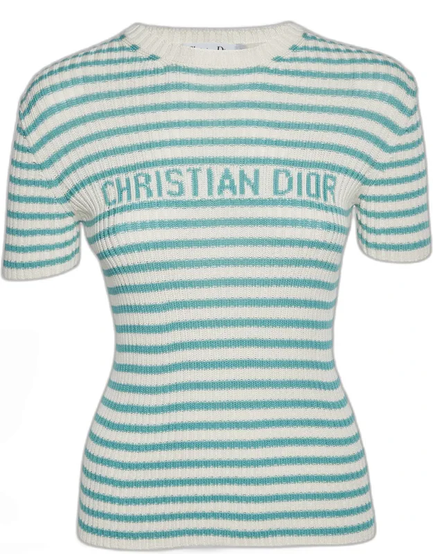 Cream/blue Striped Rib Knit Pullover