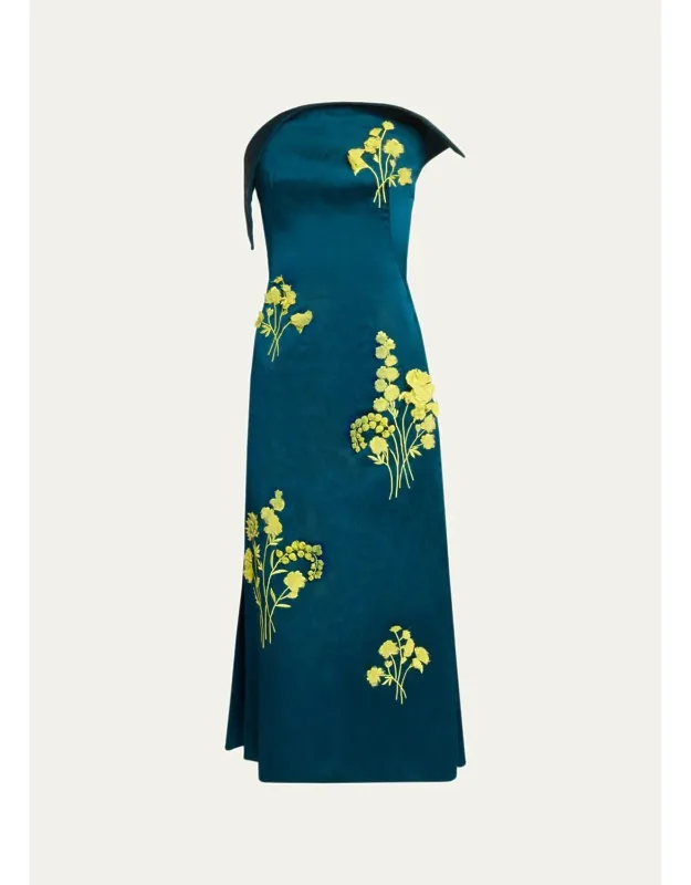 Sculptural Strapless Embroidered Textured Satin Midi Dress