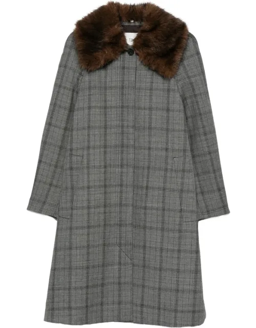 Check Faux-fur Collar Coat