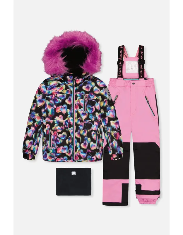 Two Piece Play Snowsuits With Heart Print And Pink Pants
