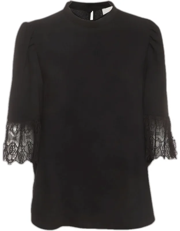 Crepe Lace Trim Mock Neck Blouse