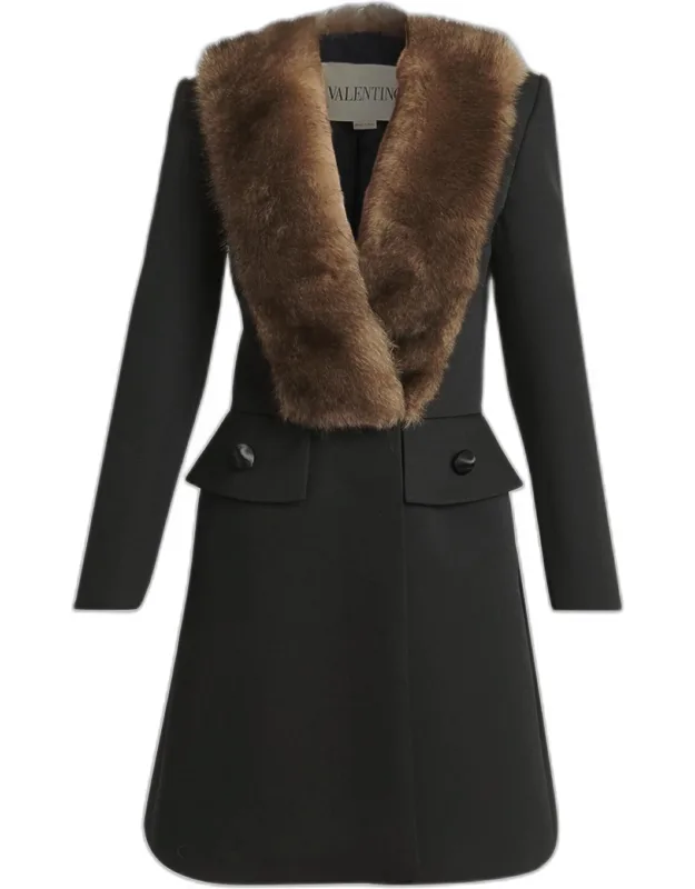 Faux Fur Lapel Tailored A-line Coat
