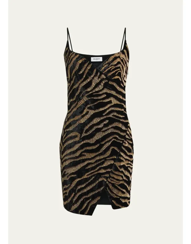 Sleeveless Tiger Embroidered Velvet Mini Wrap Dress