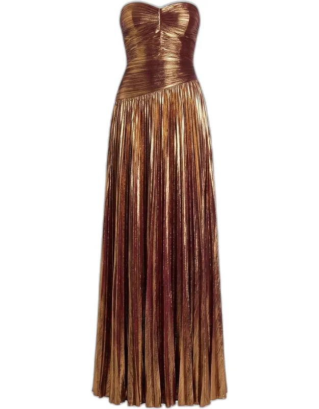 Pleated Metallic Strapless Maxi Dress