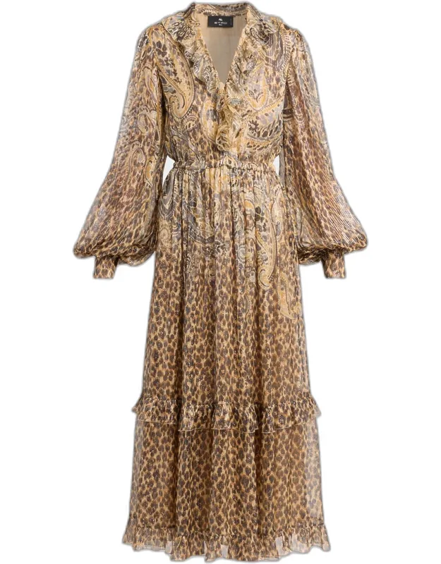 Metallic Paisley Leopard-print Silk Midi Dress