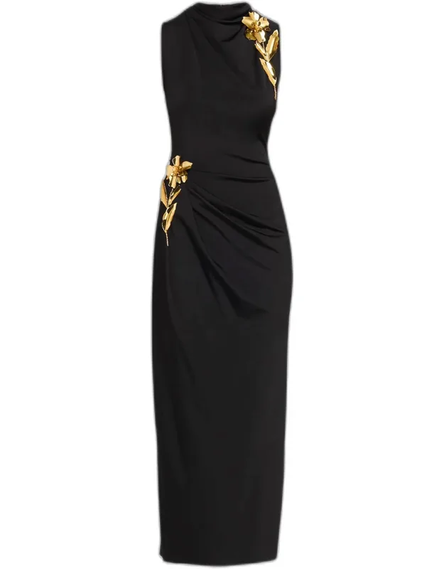 3d Metallic Flower Draped Jersey Midi Dress