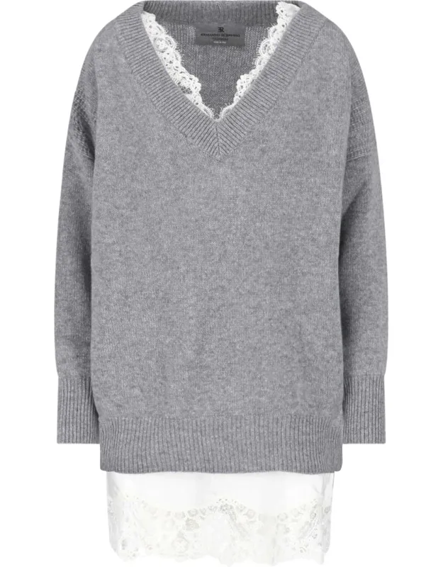 V-neck Lace Cashmere Mini Dress