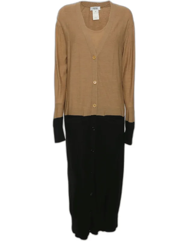 Beige/black Colorblock Wool Sleeveless Midi Dress