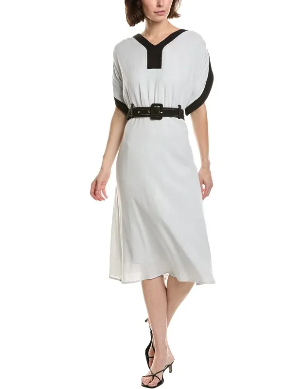 V-neck Belted Linen-blend Midi Dress