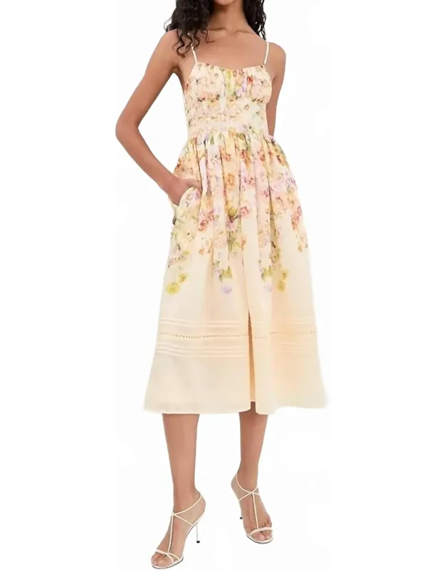 Kacey Midi Dress In Floral Multi With Spaghetti Straps And Sweetheart Neckline