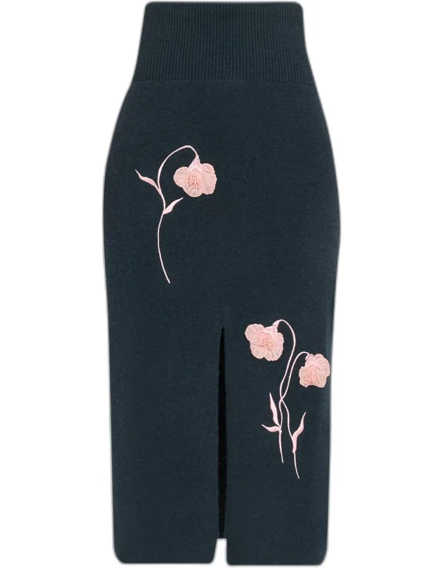 Embroidered Wool Knit Midi Pencil Skirt