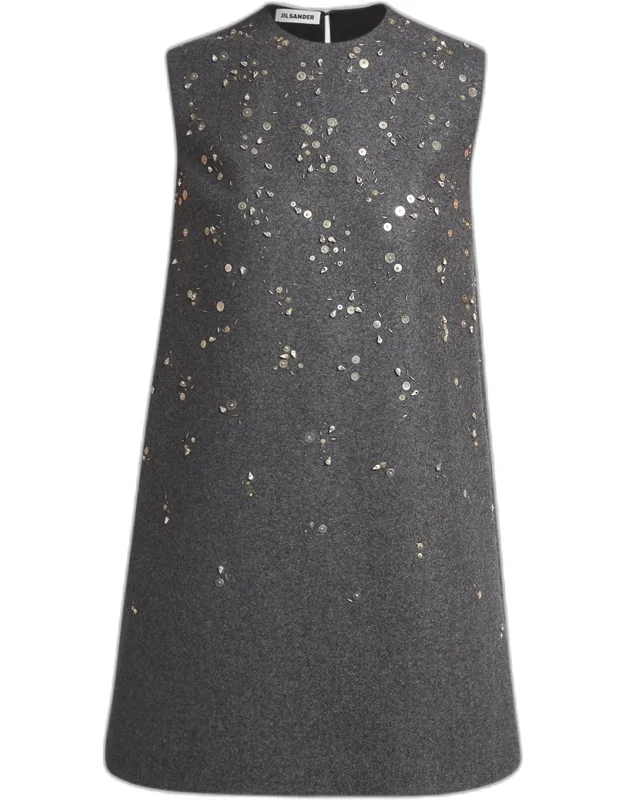 Sequin-embroidered Wool Shift Mini Dress