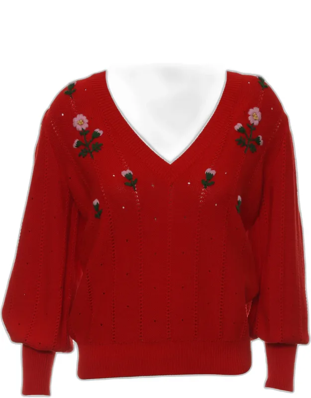 Cotton Floral Embroidered V-neck Sweater