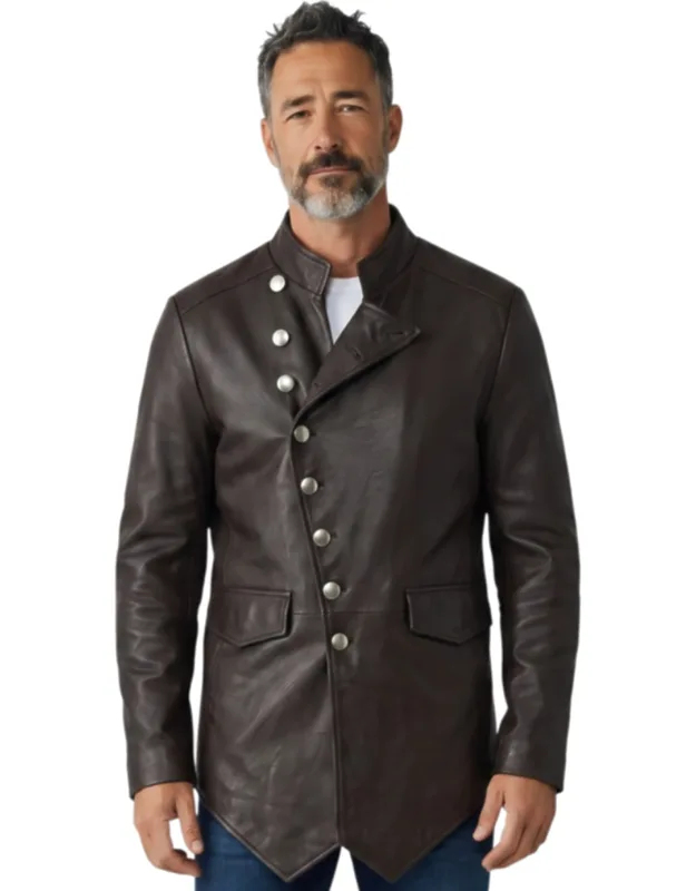 Leather Mandarin Military Asymmetrical Jacket