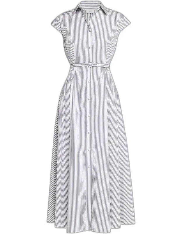 Striped Cap-sleeve Belted Maxi Shirtdress