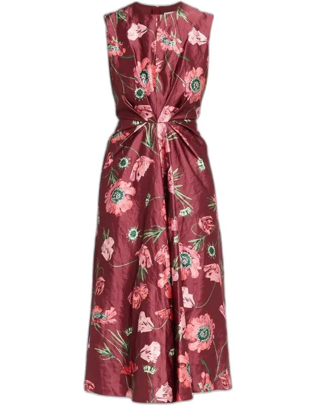 Floral Crinkled Satin Gathered Sleeveless Midi Dress
