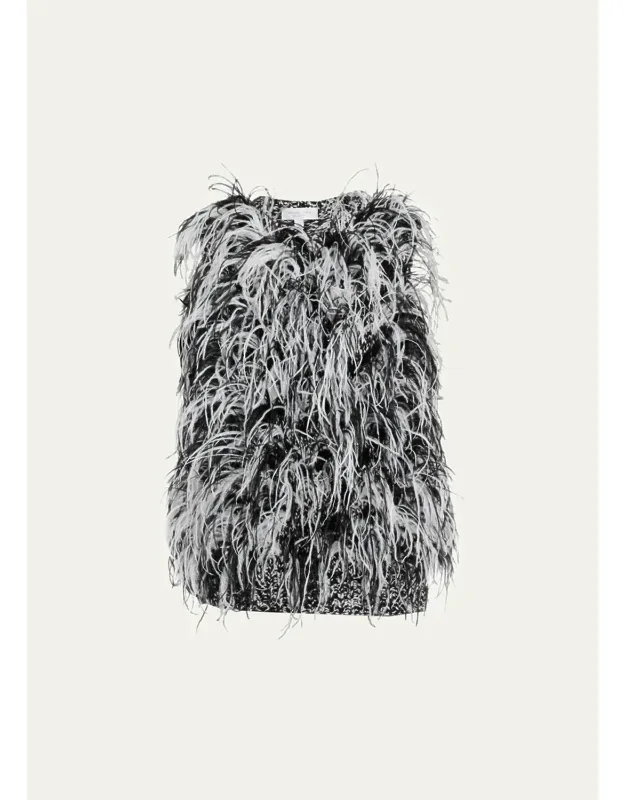 Feather-trim Wool Tweed Knit Sweater