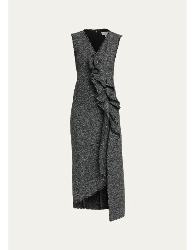Frayed Tweed Asymmetric Ruffle Midi Dress