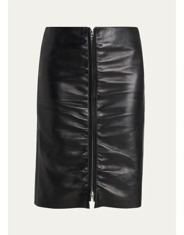 Ruched Leather Zip-front Skirt