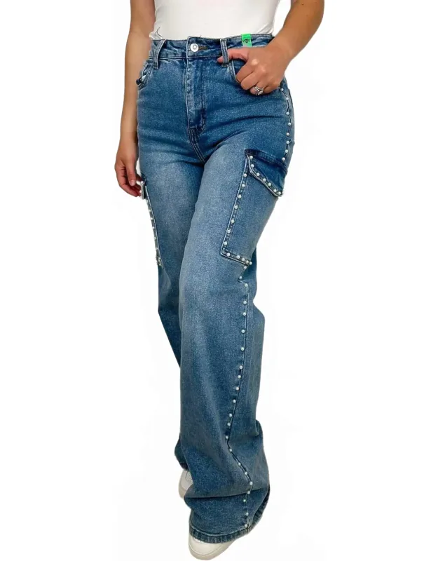 High-rise Wide Leg Pearl Cargo Jeans
