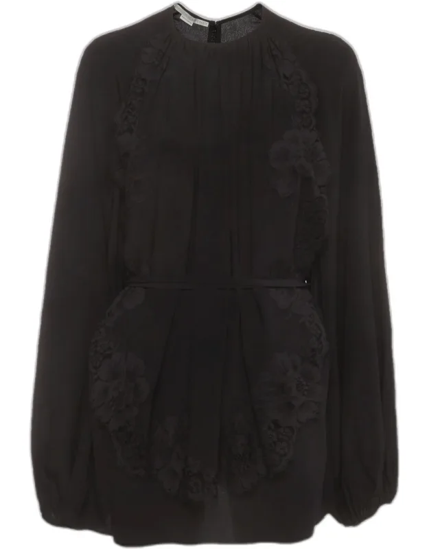 Silk Crepe Lace Trim Belted Blouse