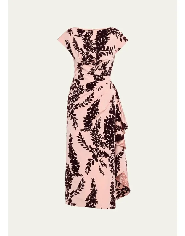 Flocked Taffeta Pleated Drape Midi Dress