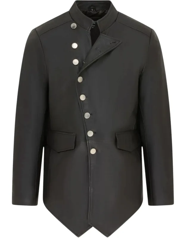 Leather Mandarin Military Asymmetrical Jacket