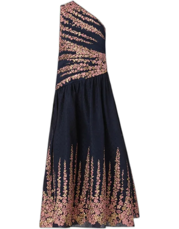 One-shoulder Floral Jacquard Midi Dress