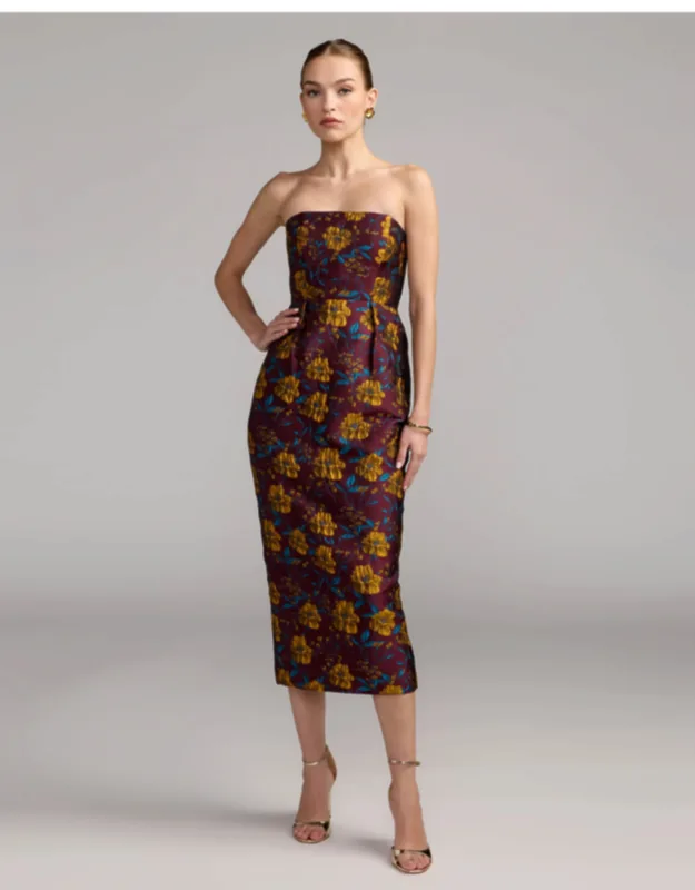 Floral Brocade Strapless Fitted Midi Dress