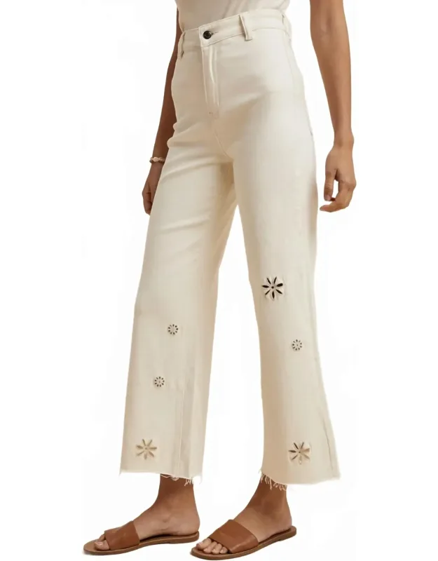 Stretch Eyelet Embroidery Detail Wide Leg Pants