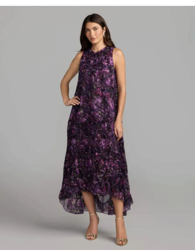 Sleeveless Floral Micro Ruffle Trapeze Midi Dress