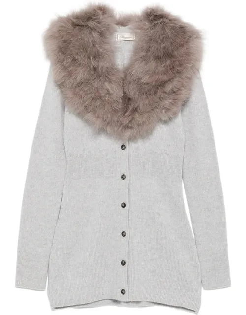 Faux-fur Collar Ribbed Cardigan