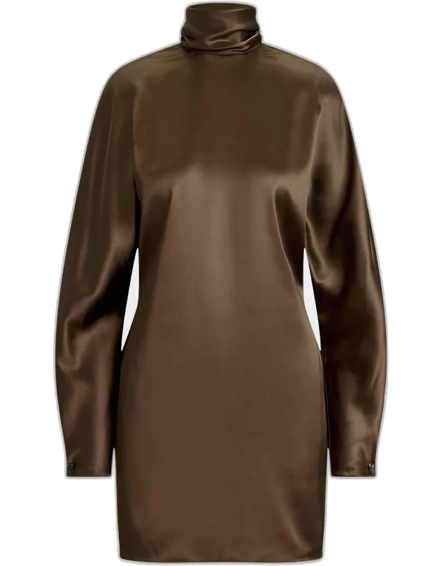 Turtleneck Long-sleeve Satin Mini Dress