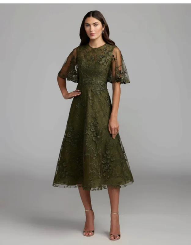 Flutter Sleeve Embroidered Midi Dress