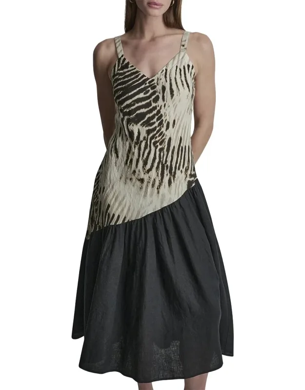 V-neck Printed Panel Linen Dress