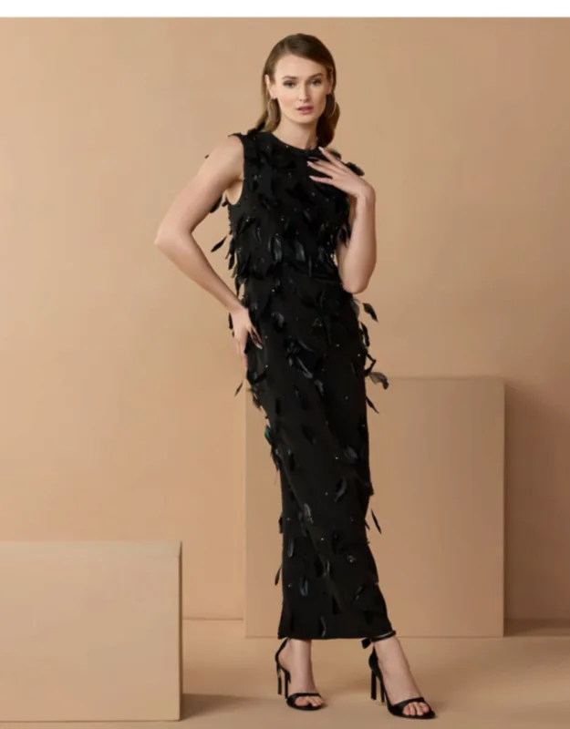 High Neck Sleeveless Feather Embellished Column Dress