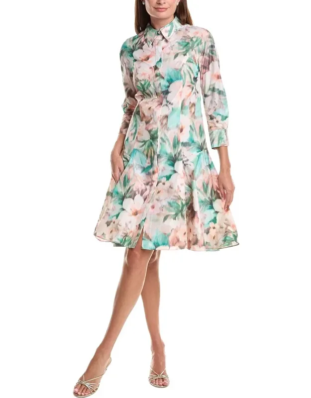 Taffeta Digital Print Godet Hem Shirtdress